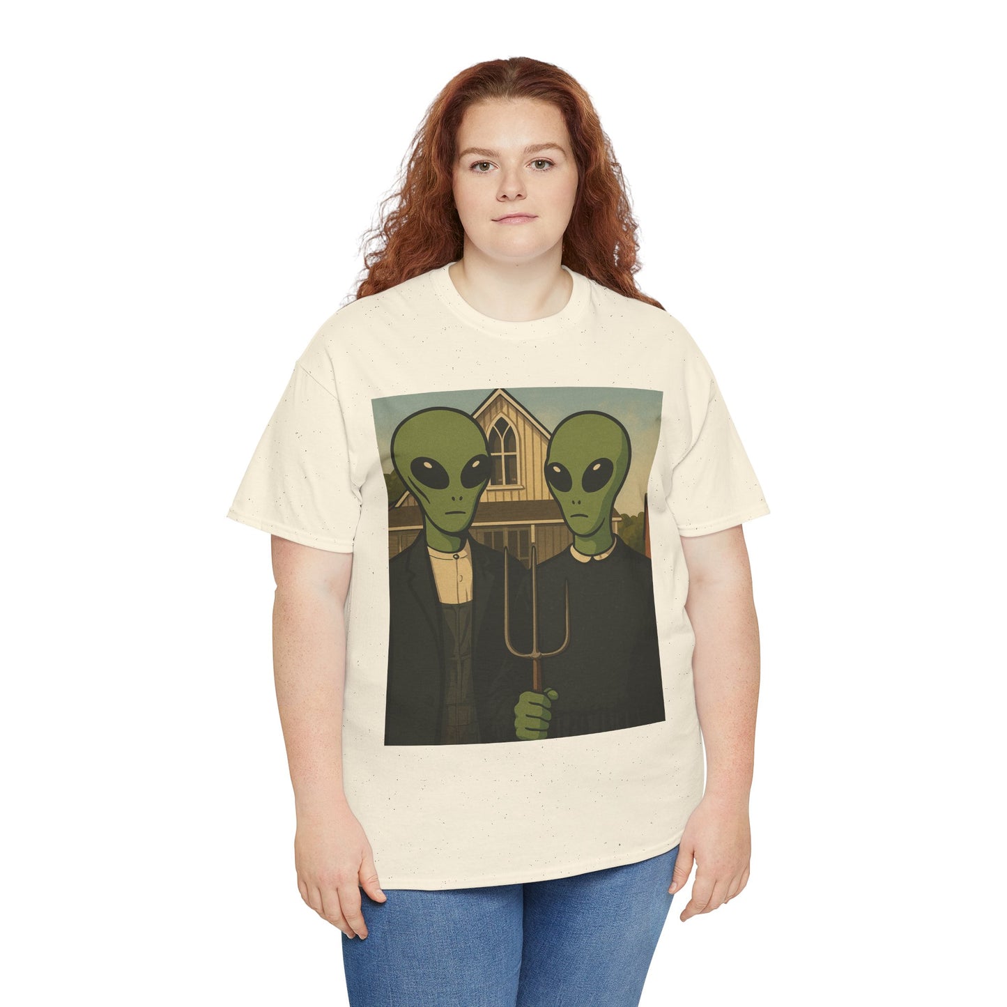 Alien American Gothic T-Shirt — Funny UFO Couple Graphic Tee