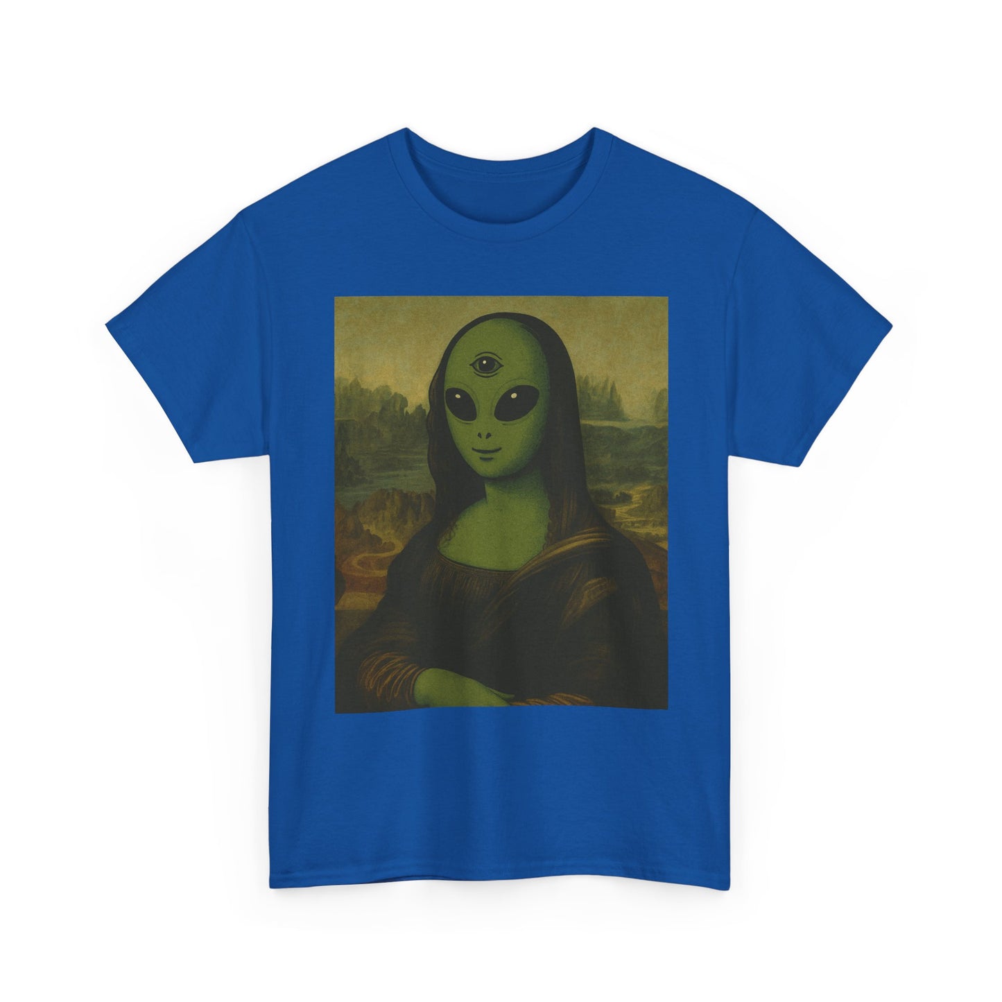 Alien Mona Lisa T-Shirt – Green 3‑Eyed Portrait Graphic Tee