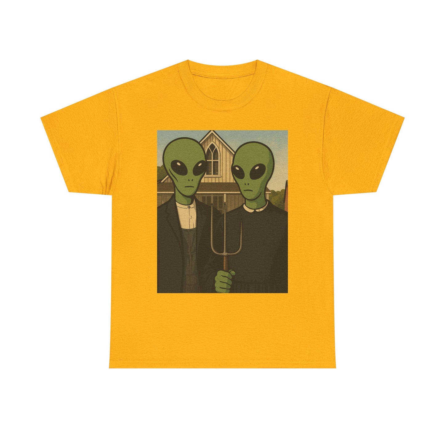 Alien American Gothic T-Shirt — Funny UFO Couple Graphic Tee