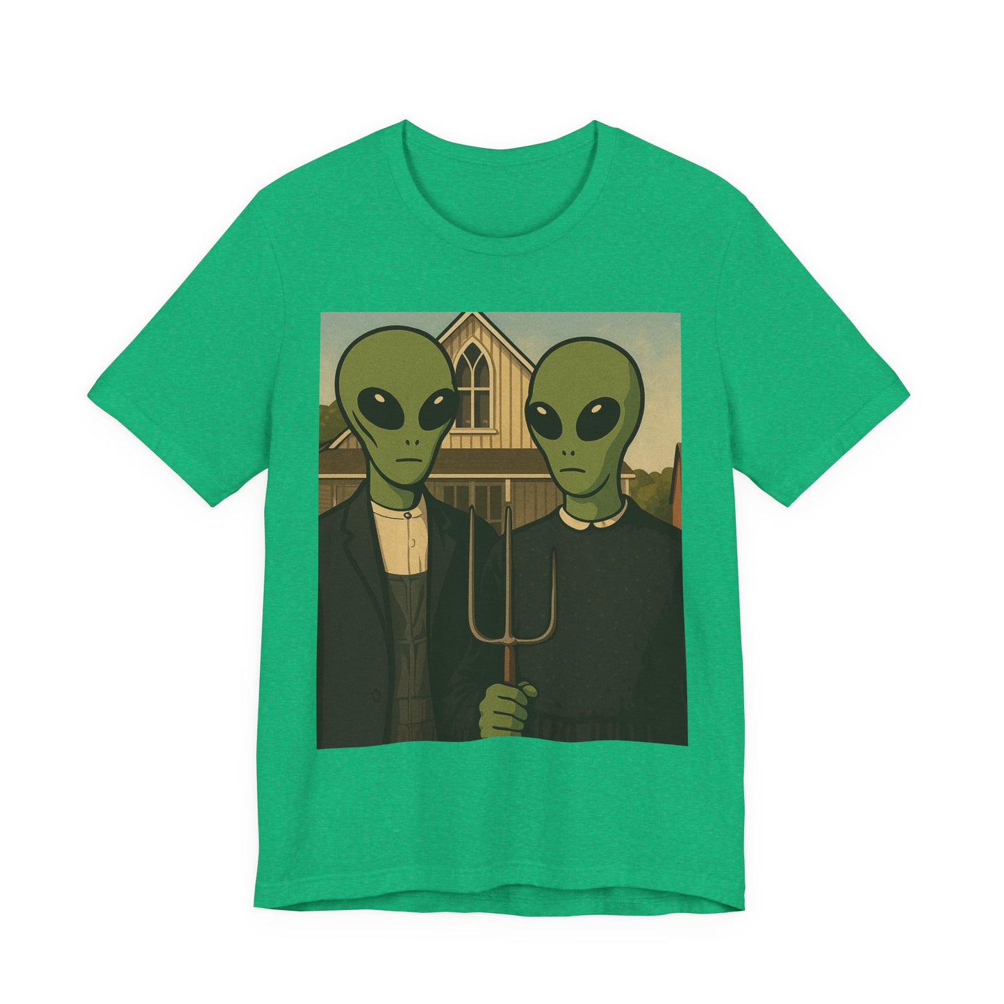 Alien Gothic Farmhouse T‑Shirt — Retro Green Alien American Gothic Tee
