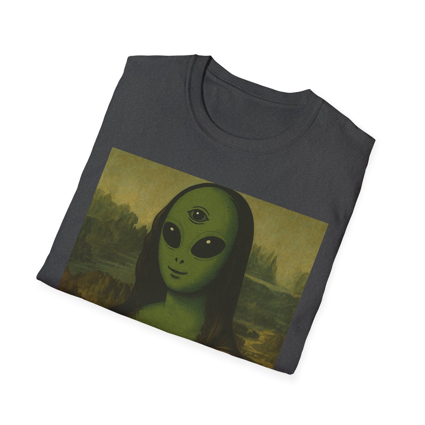 Alien Mona Lisa T-Shirt — Retro Green UFO Art Tee