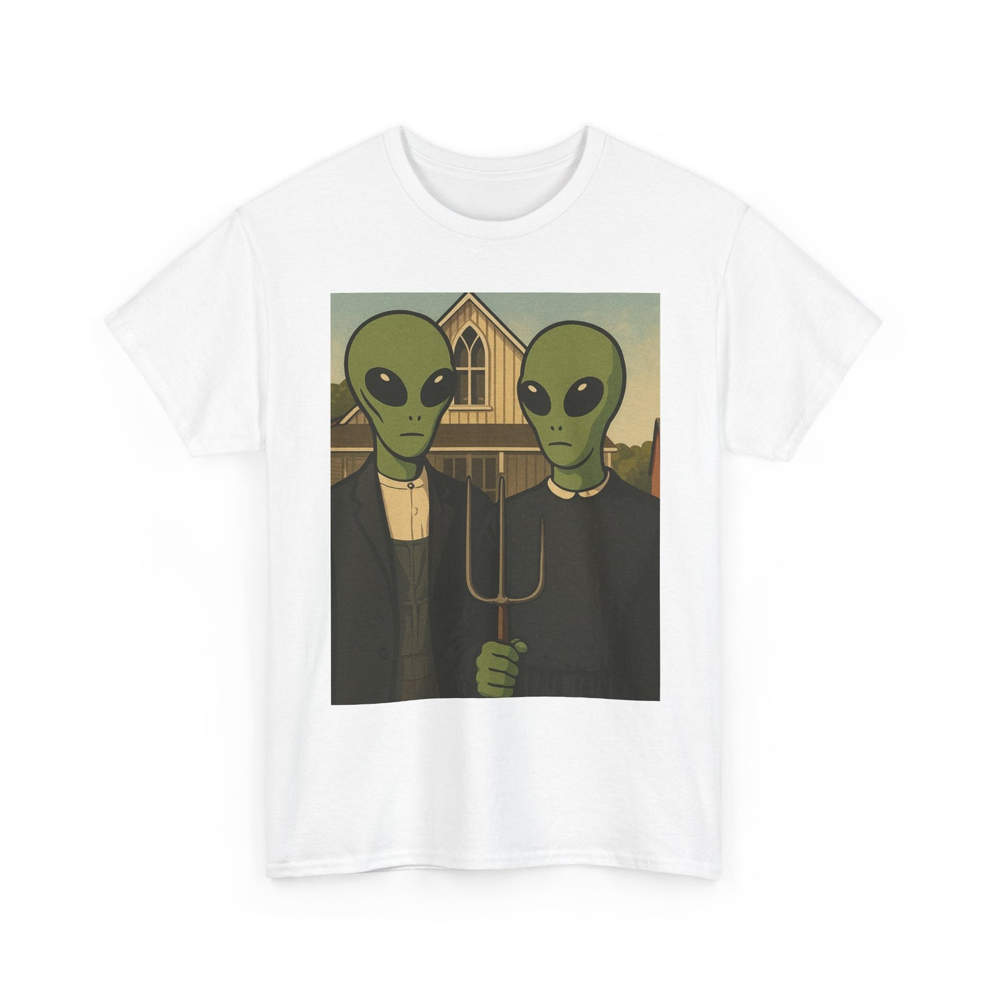 Alien American Gothic T-Shirt — Funny UFO Couple Graphic Tee