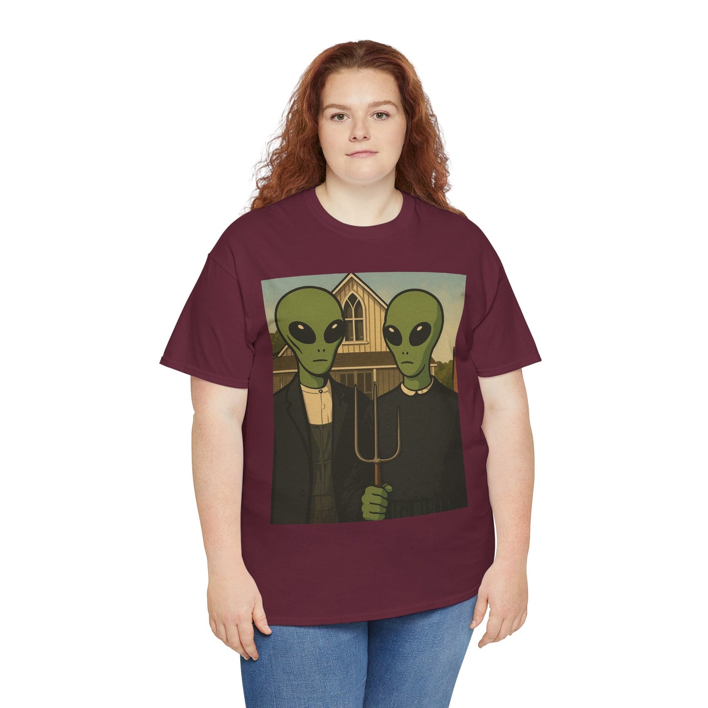 Alien American Gothic T-Shirt — Funny UFO Couple Graphic Tee
