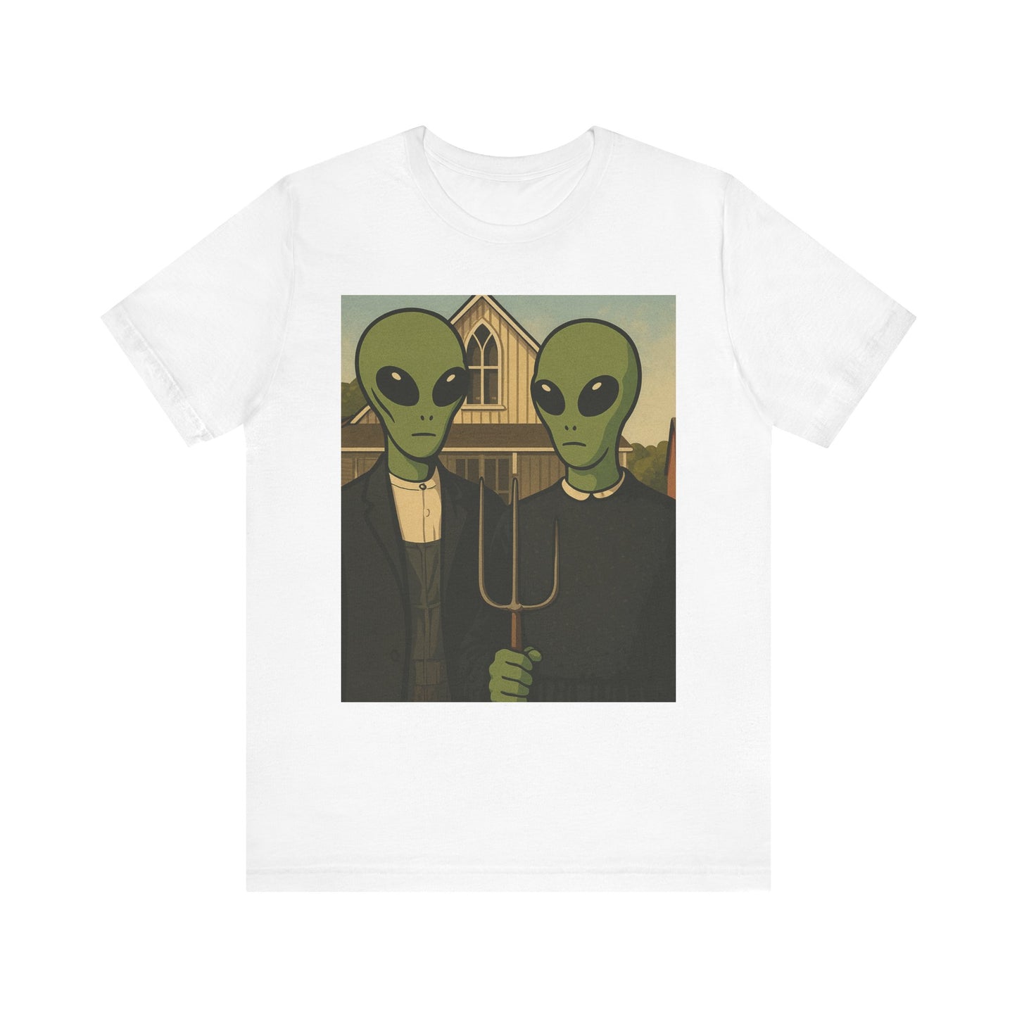 Alien Gothic Farmhouse T‑Shirt — Retro Green Alien American Gothic Tee