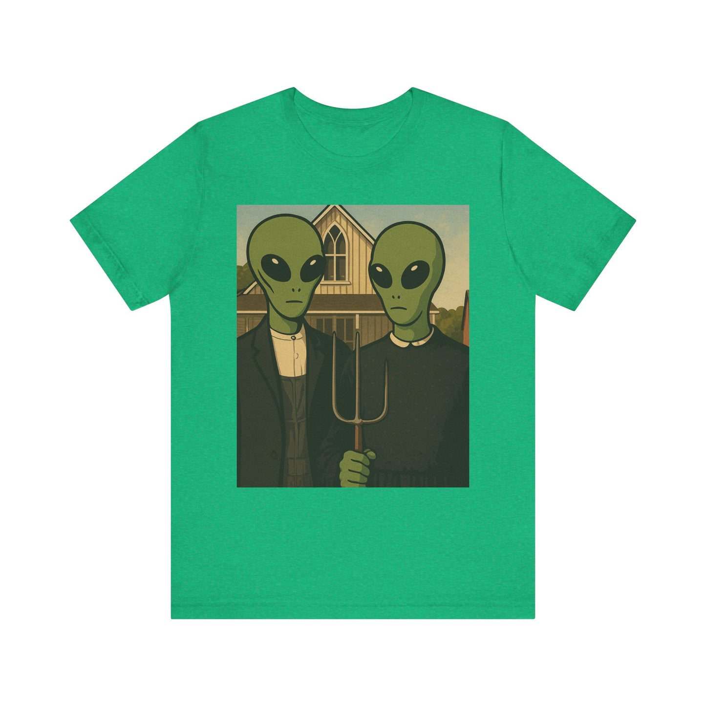 Alien Gothic Farmhouse T‑Shirt — Retro Green Alien American Gothic Tee