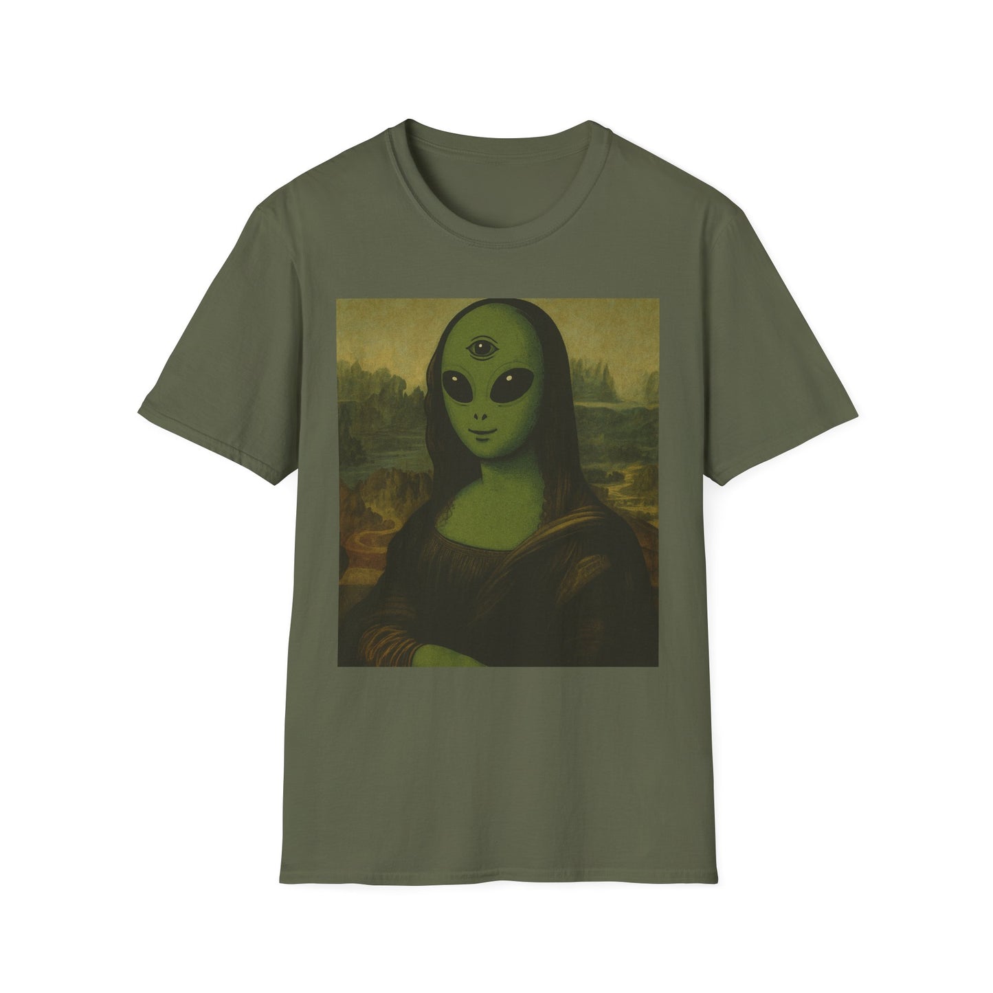 Alien Mona Lisa T-Shirt — Retro Green UFO Art Tee