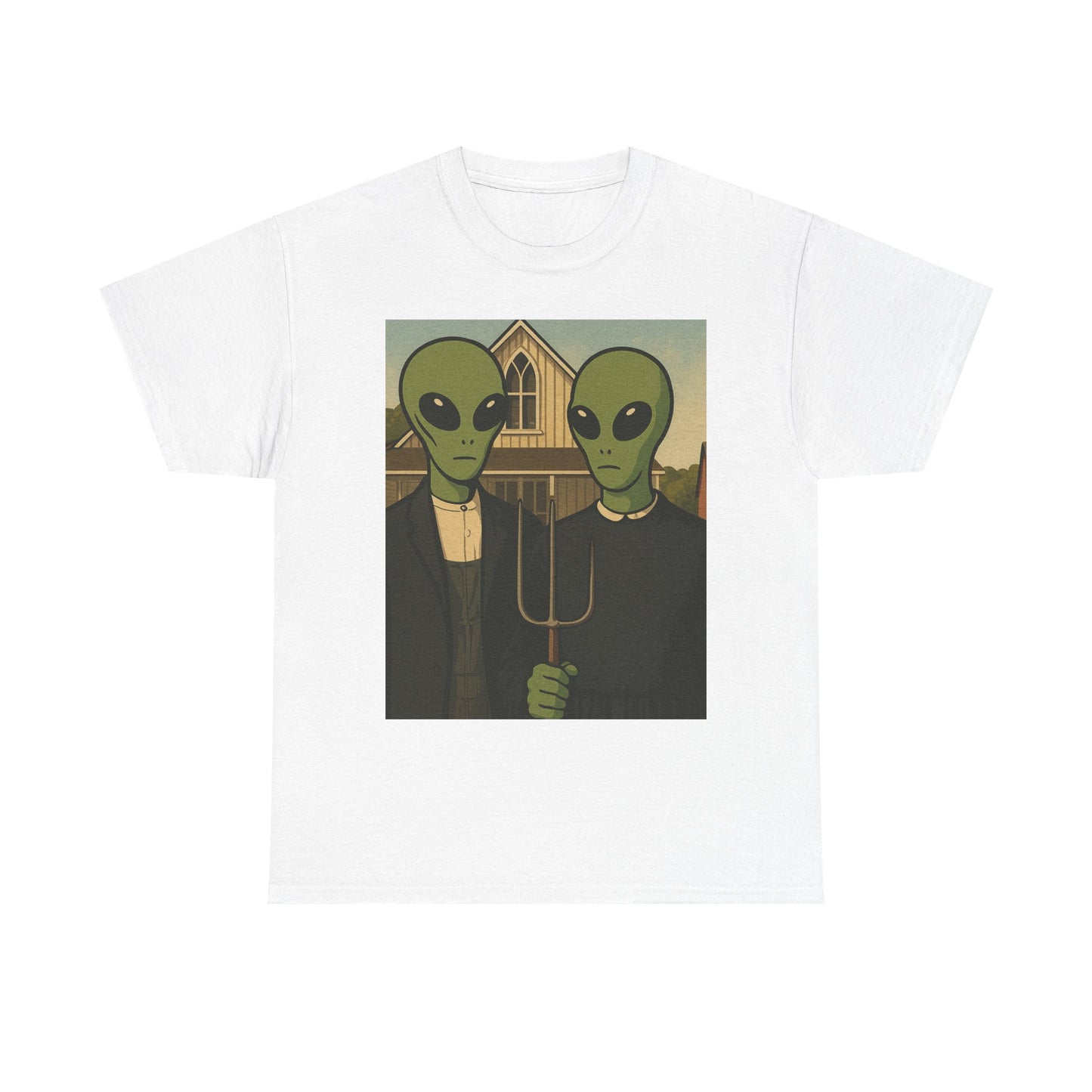 Alien American Gothic T-Shirt — Funny UFO Couple Graphic Tee