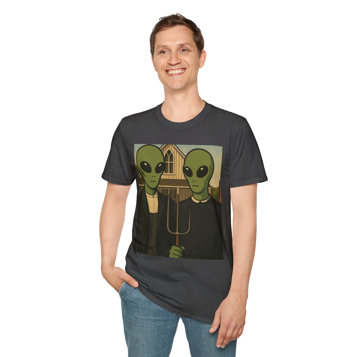 Alien American Gothic T-Shirt — Funny Retro Sci‑Fi Art Tee