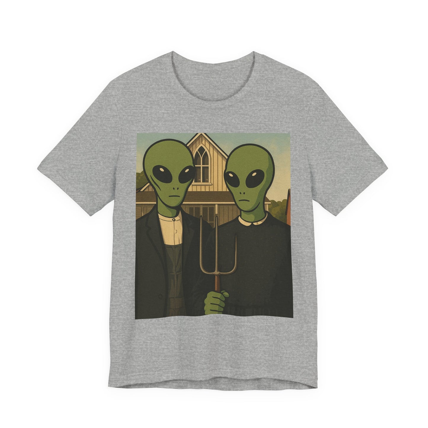 Alien Gothic Farmhouse T‑Shirt — Retro Green Alien American Gothic Tee