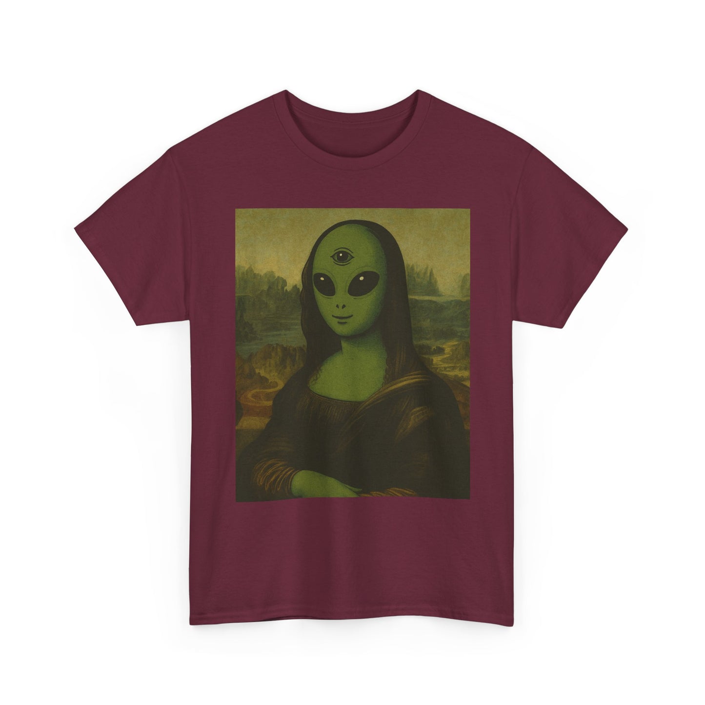 Alien Mona Lisa T-Shirt – Green 3‑Eyed Portrait Graphic Tee